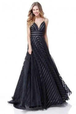 Sherri Hill - 51644 Striped V-Neck A-Line Gown With Train