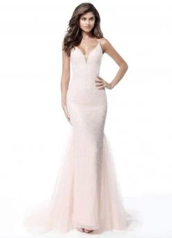 Sherri Hill - 51645 Beaded Deep V-Neck Sheath Dress With Tulle Train