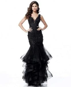 Sherri Hill - 51683 Lace Deep V-neck Ruffle Tulle Mermaid Dress