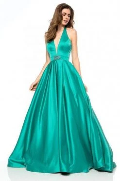 Sherri Hill - 51729 Deep V Neck Halter Bodice Satin Ballgown