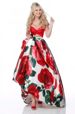 Sherri Hill - 51815 Plunging Off-Shoulder Floral Taffeta Ballgown