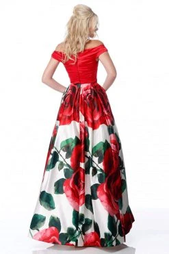 Sherri Hill - 51815 Plunging Off-Shoulder Floral Taffeta Ballgown