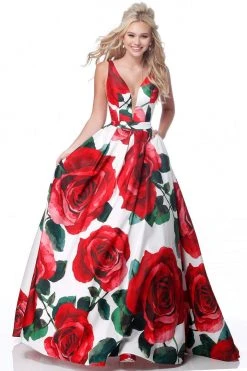 Sherri Hill - 51888 Floral Print Deep V-Neck Ballgown 12 Sherri Hill - 51888 Floral Print Deep V-Neck Ballgown