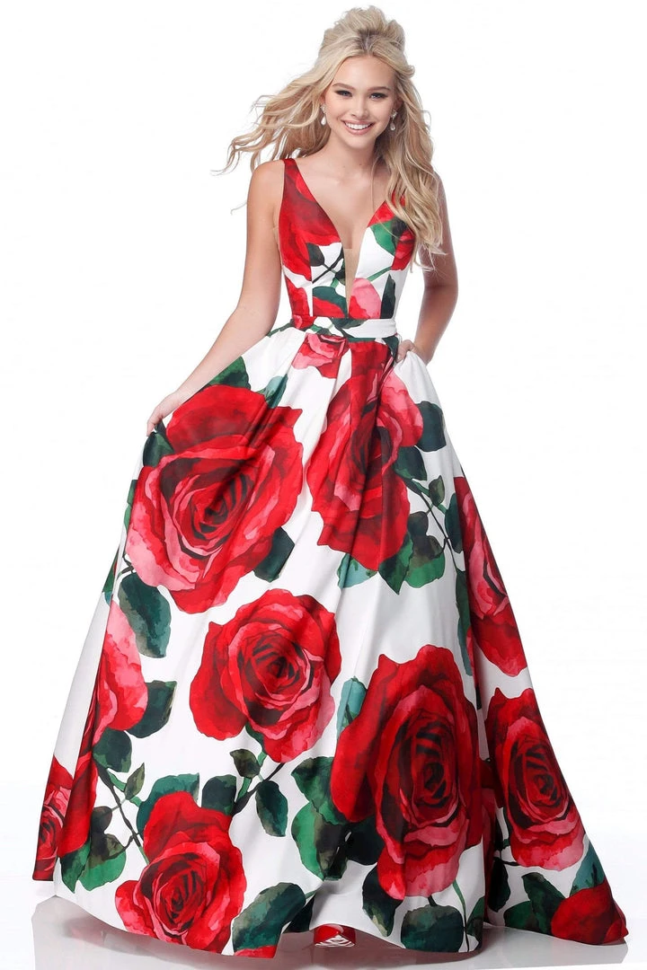 Sherri Hill - 51888 Floral Print Deep V-Neck Ballgown 5 Sherri Hill - 51888 Floral Print Deep V-Neck Ballgown