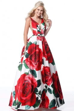 Sherri Hill - 51888 Floral Print Deep V-Neck Ballgown 13 Sherri Hill - 51888 Floral Print Deep V-Neck Ballgown