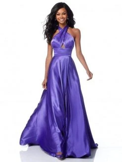 Sherri Hill - 51897 Crisscross Halter Long A Line Satin Dress