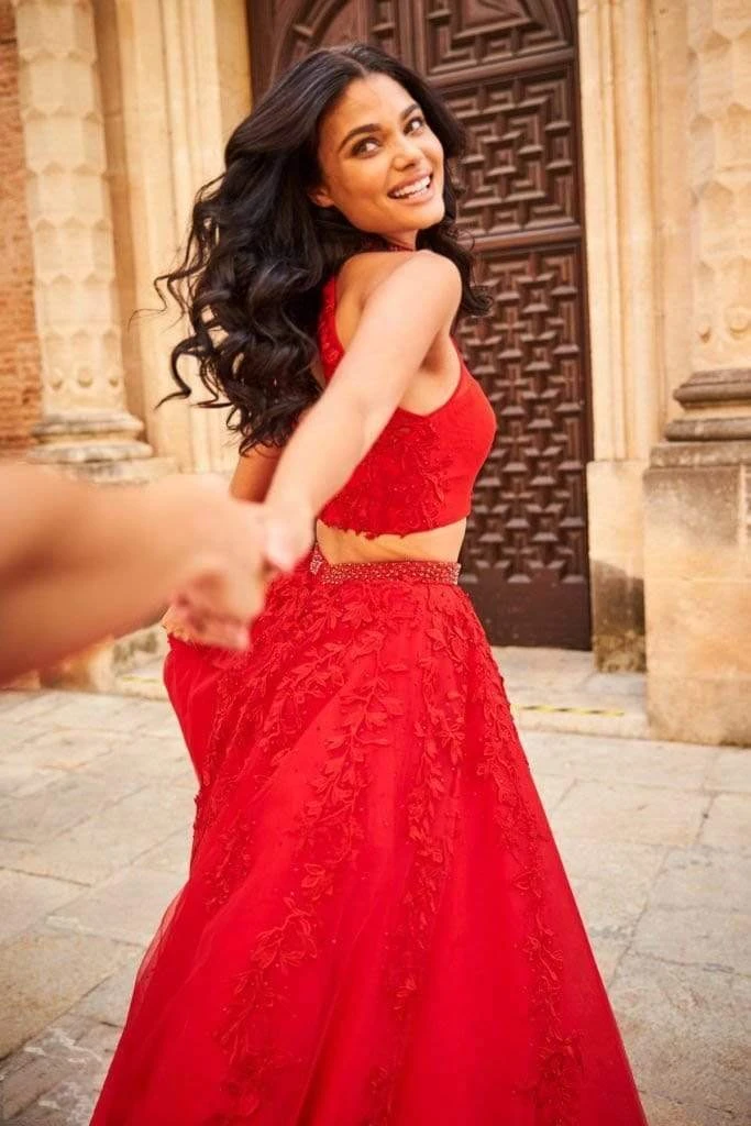 Sherri Hill - 51925 Two Piece Appliqued High Halter A Line Dress 7 Sherri Hill - 51925 Two Piece Appliqued High Halter A Line Dress