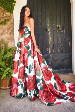 Sherri Hill - 51926 Strapless Floral Print Ballgown With Train 18 Sherri Hill - 51926 Strapless Floral Print Ballgown With Train