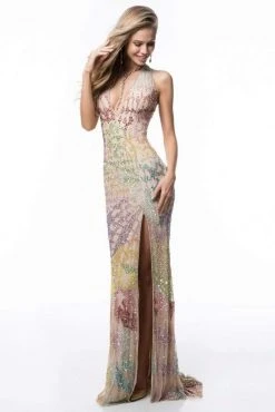 Sherri Hill - 52032 Beaded Deep Halter V-neck Dress With Open Back