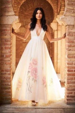 Sherri Hill - 52052 Deep V-neck Floral Print Ballgown