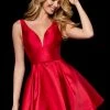 Sherri Hill - 52179 Illusion Deep V Bodice Satin Short A-Line Dress