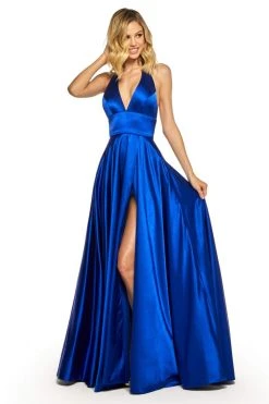 Sherri Hill - 52408 Halter V-Neck Satin Dress With High Slit
