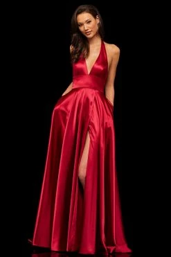 Sherri Hill - 52408 Halter V-Neck Satin Dress With High Slit 12 Sherri Hill - 52408 Halter V-Neck Satin Dress With High Slit
