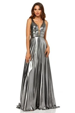 Sherri Hill - 52421 Metallic V-Neck Long A-line Dress