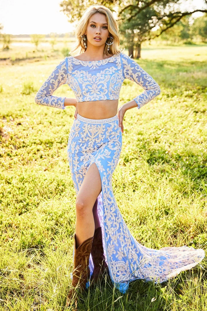 Sherri Hill - 52459 Beaded Long Sleeve Fitted High Slit Dress 12 Sherri Hill - 52459 Beaded Long Sleeve Fitted High Slit Dress