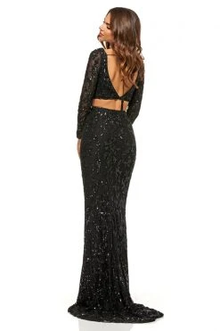 Sherri Hill - 52459 Beaded Long Sleeve Fitted High Slit Dress