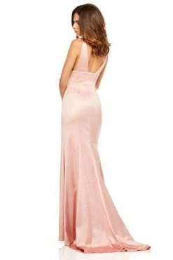 Sherri Hill - 52549 Satin Deep V-neck Sheath Dress With Train