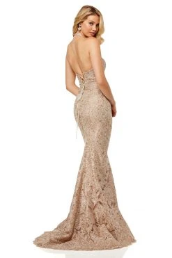 Sherri Hill - 52644 Metallic Lace Halter Mermaid Dress With Train