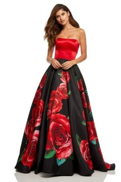Sherri Hill - 52722 Strapless Satin And Floral Print A-line Dress