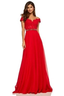 Sherri Hill - 52729 Lace Off The Shoulder Chiffon A-line Dress