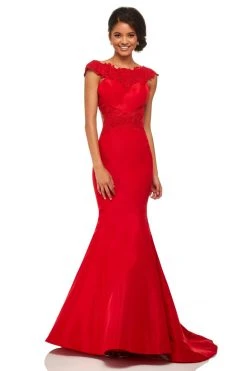 Sherri Hill - 52772 Lace Bateau Neck Mermaid Dress With Train