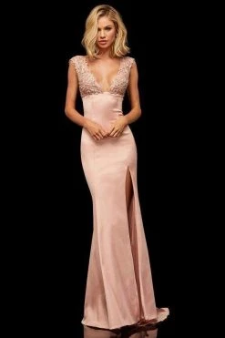 Sherri Hill - 52796 Plunging V-Neck Lace Gown With Slit