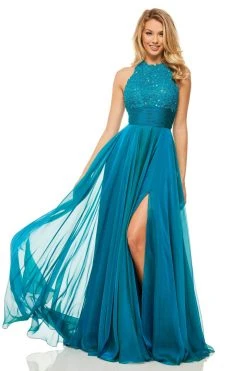 Sherri Hill - 52817 Lace Appliqued High Slit Chiffon Gown
