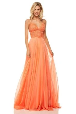 Sherri Hill - 52818 Long Appliqued Illusion Midriff Chiffon Dress