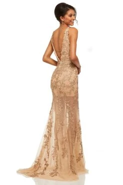 Sherri Hill - 52820 Lace Appliqued Pipe Waist Sheer Gown