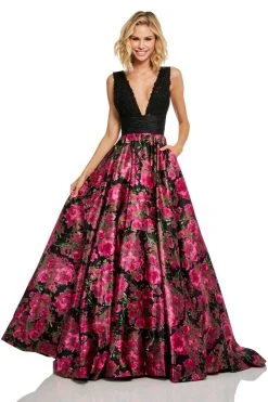 Sherri Hill - 52861 V-Neck Black Print Dress