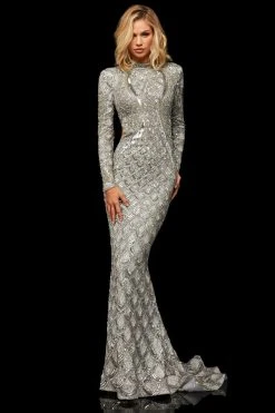 Sherri Hill - 52916 Beaded Long Sleeve Sexy Open Back Dress