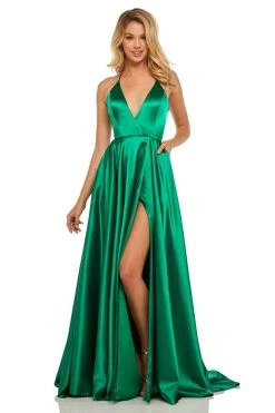 Sherri Hill - 52921 Halter Neck Satin A-line Dress With Slit