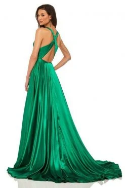 Sherri Hill - 52922 Satin V- Neckline A Line Dress With Sultry Slit