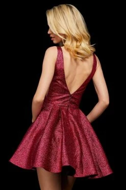 Sherri Hill - 53106 Short Deep V-neck Glitter Fabric A-line Dress