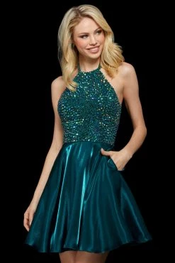 Sherri Hill - 53154 Sleeveless Beaded Halter Neck Short A-line Dress