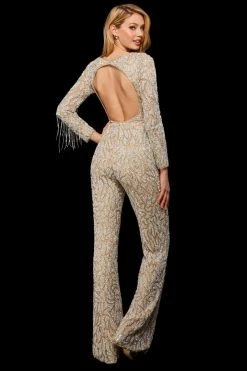 Sherri Hill - 53277 Beaded Long Sleeve Deep V-neck Jumpsuit
