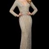 Sherri Hill - 53292 Embellished Long Sleeve Deep V-neck Sheath Dress