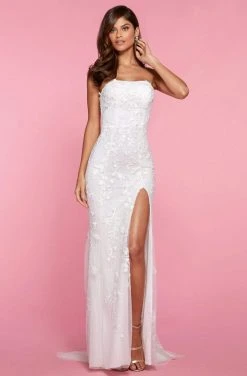 Sherri Hill - 53345 High Slit Straight Neck Strapless Lace Dress 21 Sherri Hill - 53345 High Slit Straight Neck Strapless Lace Dress