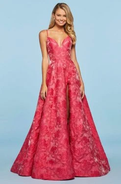 Sherri Hill - 53378 Brocade Plunging V-neck A-line Gown 8 Sherri Hill - 53378 Brocade Plunging V-neck A-line Gown