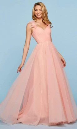 Sherri Hill - 53417 Feathered Ruched V-Neck Chiffon A-Line Dress