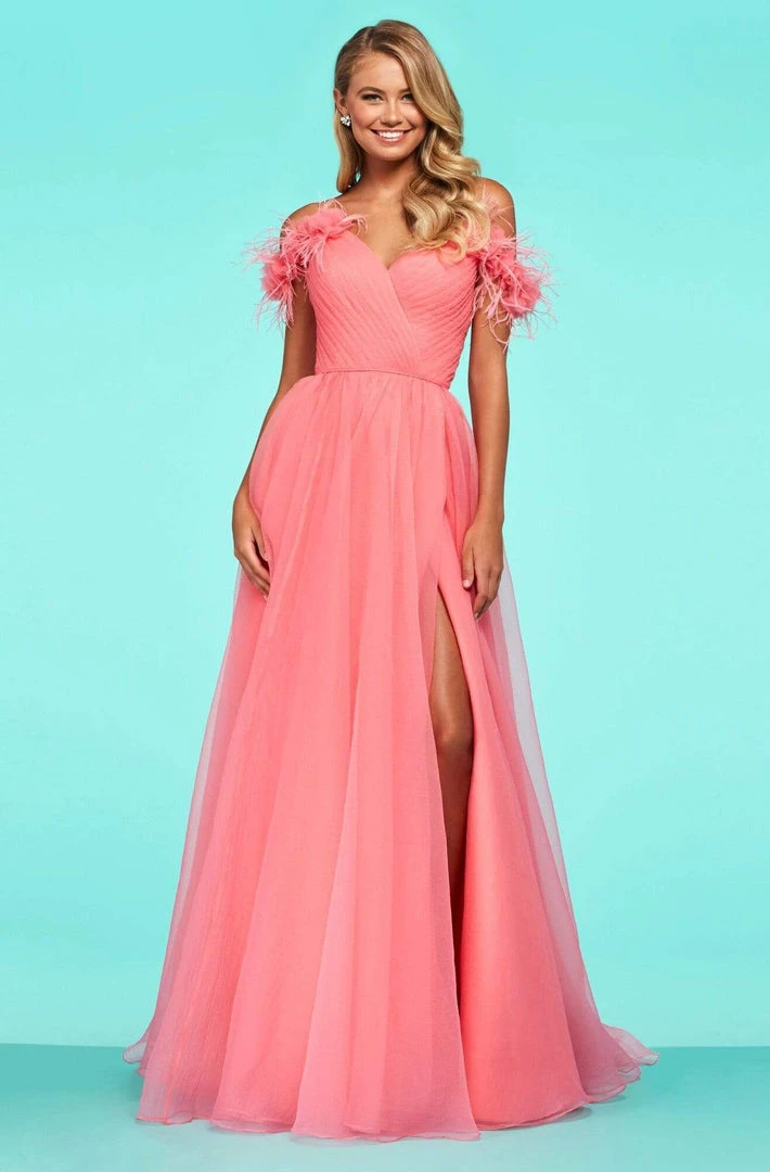 Sherri Hill - 53417 Feathered Ruched V-Neck Chiffon A-Line Dress 6 Sherri Hill - 53417 Feathered Ruched V-Neck Chiffon A-Line Dress