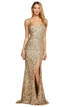 Sherri Hill - 53449 Long Deep V-Neck Beaded High Slit Dress
