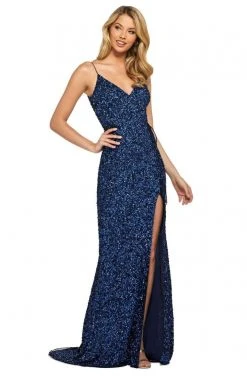 Sherri Hill - 53449 Long Deep V-Neck Beaded High Slit Dress