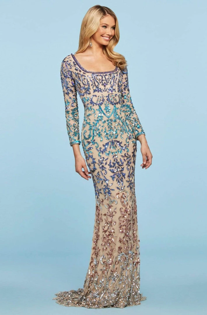 Sherri Hill - 53451 Beaded And Sequined Long Sleeve Fitted Dress 8 Sherri Hill - 53451 Beaded And Sequined Long Sleeve Fitted Dress