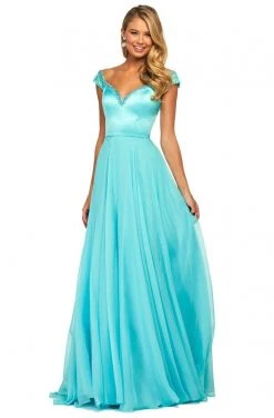 Sherri Hill - 53549 Beaded V Neck Chiffon Overlay Long Satin Dress