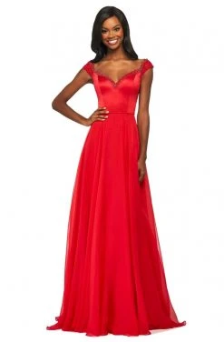 Sherri Hill - 53549 Beaded V Neck Chiffon Overlay Long Satin Dress 11 Sherri Hill - 53549 Beaded V Neck Chiffon Overlay Long Satin Dress