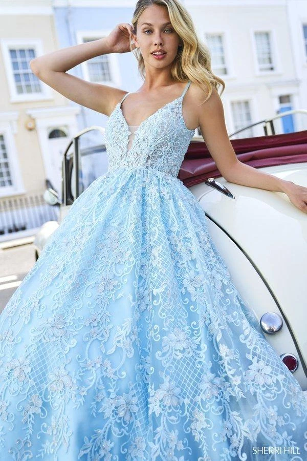 Sherri Hill - 53625 Beaded Lace Deep V-neck Tulle Ballgown 6 Sherri Hill - 53625 Beaded Lace Deep V-neck Tulle Ballgown