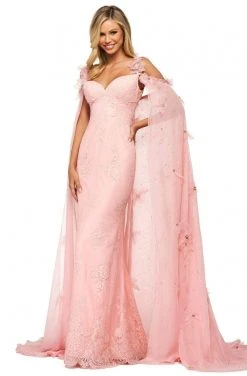 Sherri Hill - 53822 V-Neck Lace Cape Dress 7 Sherri Hill - 53822 V-Neck Lace Cape Dress