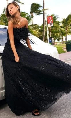 Sherri Hill - 54048 Feather Fringed Strapless Glitter Gown