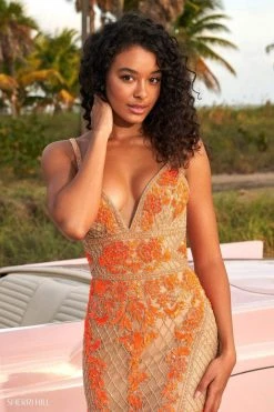 Sherri Hill - 54237 Embroidered Deep V Neck Sheath Dress With Train